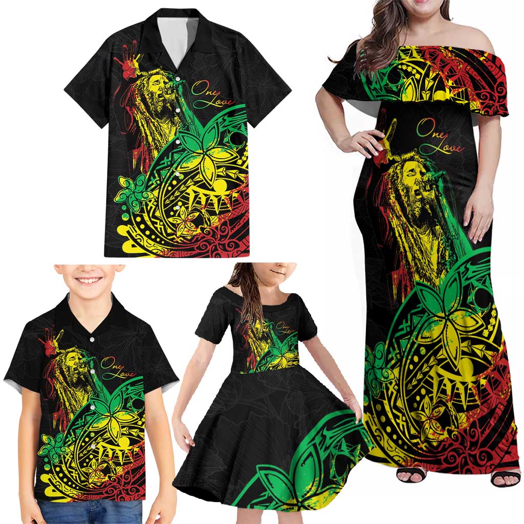 Personalised Reggae Jawaiian Festive Family Matching Off Shoulder Maxi Dress and Hawaiian Shirt Mix Polynesian