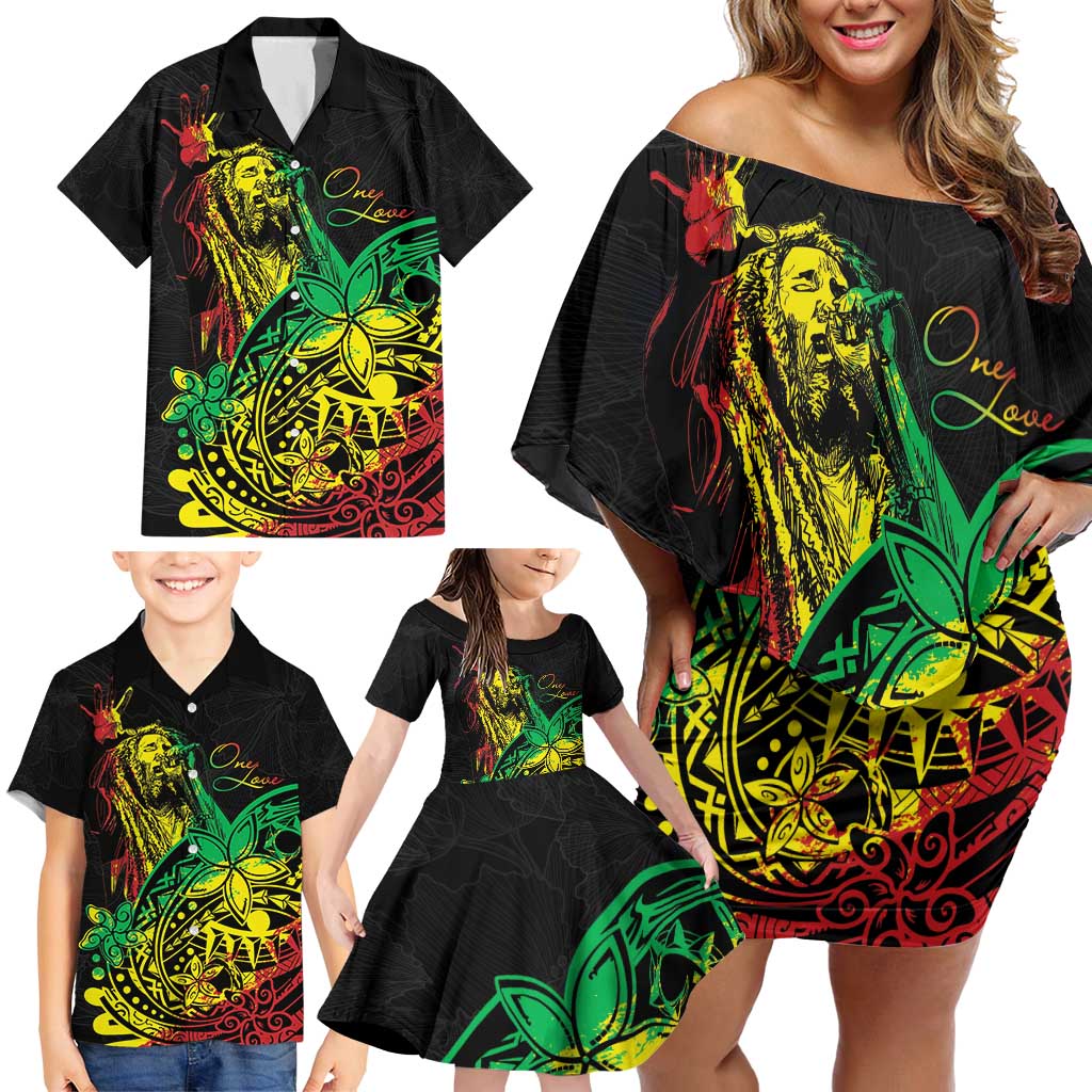 Personalised Reggae Jawaiian Festive Family Matching Off Shoulder Short Dress and Hawaiian Shirt Mix Polynesian