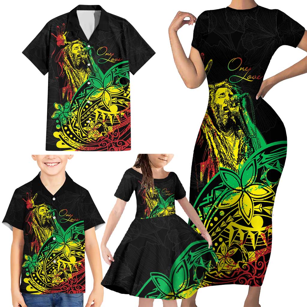 Personalised Reggae Jawaiian Festive Family Matching Short Sleeve Bodycon Dress and Hawaiian Shirt Mix Polynesian