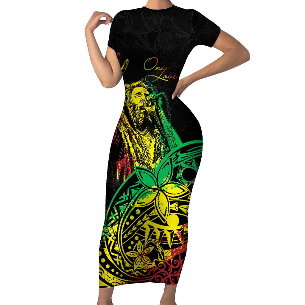 Personalised Reggae Jawaiian Festive Family Matching Short Sleeve Bodycon Dress and Hawaiian Shirt Mix Polynesian