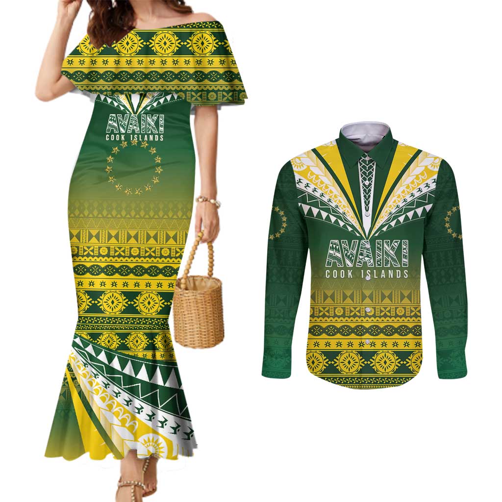 Cook Islands Rugby Custom Couples Matching Mermaid Dress and Long Sleeve Button Shirt Kuki Avaiki - Polynesian Pride