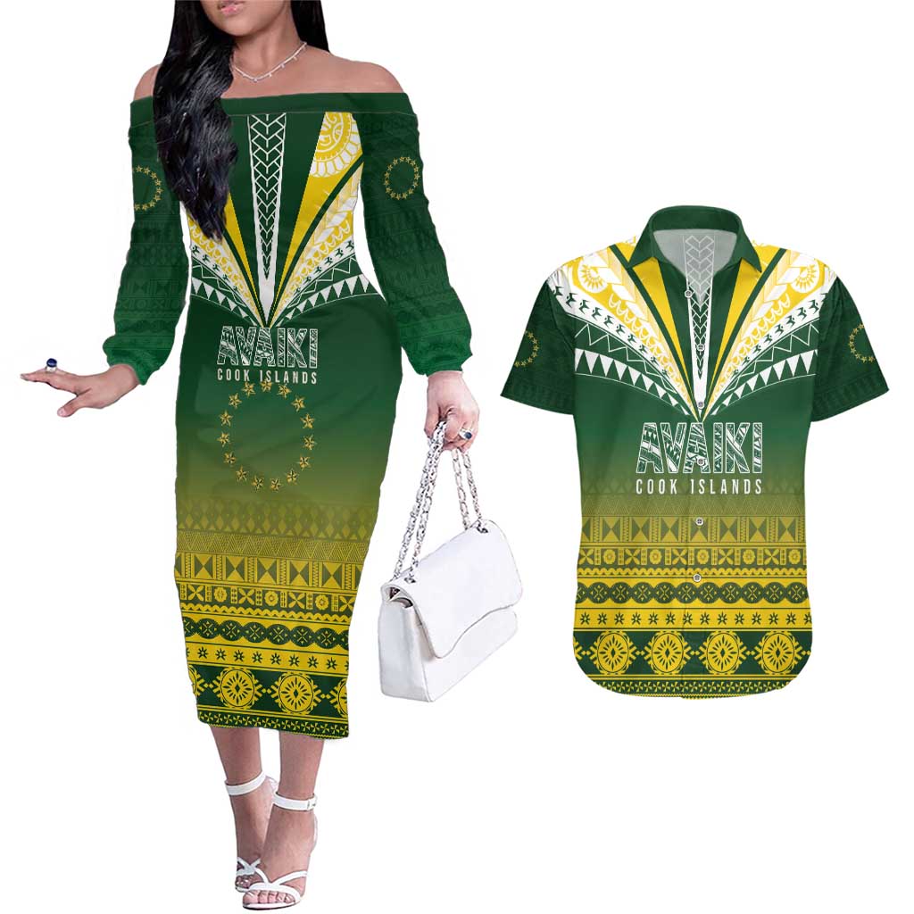 Cook Islands Rugby Custom Couples Matching Off The Shoulder Long Sleeve Dress and Hawaiian Shirt Kuki Avaiki - Polynesian Pride