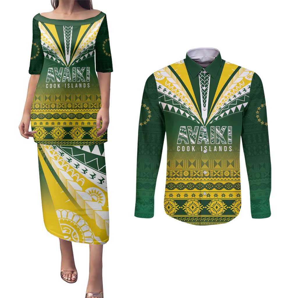 Cook Islands Rugby Custom Couples Matching Puletasi and Long Sleeve Button Shirt Kuki Avaiki - Polynesian Pride