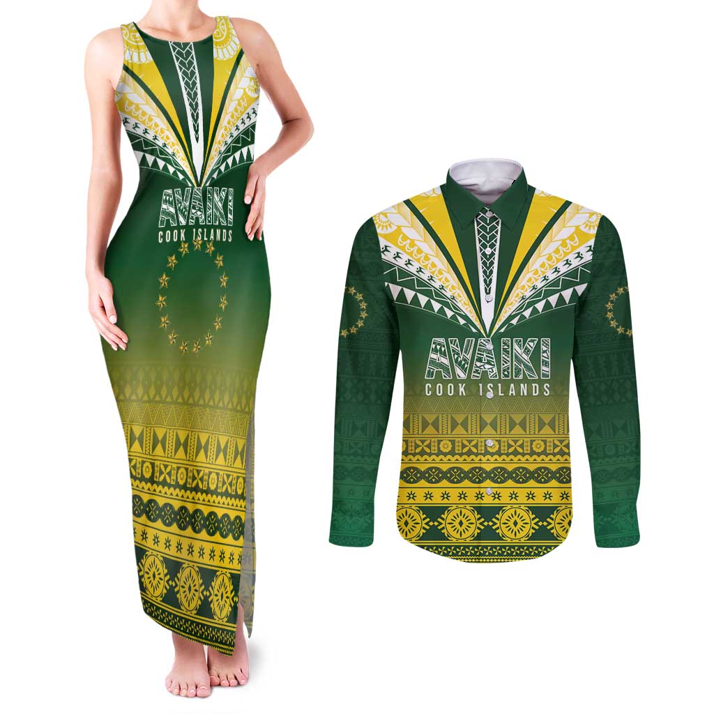 Cook Islands Rugby Custom Couples Matching Tank Maxi Dress and Long Sleeve Button Shirt Kuki Avaiki - Polynesian Pride