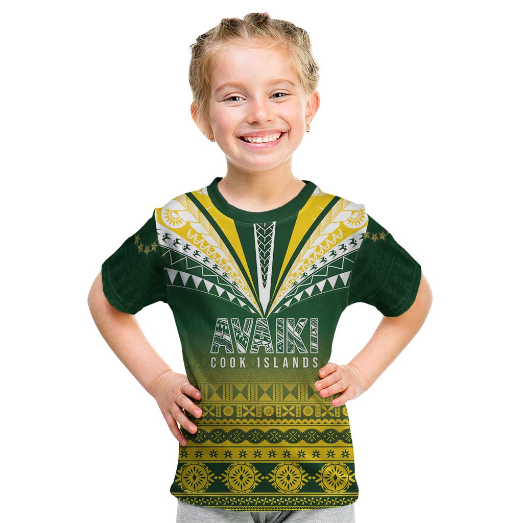 Cook Islands Rugby Custom Kid T Shirt Kuki Avaiki LT7 Yellow Green - Polynesian Pride