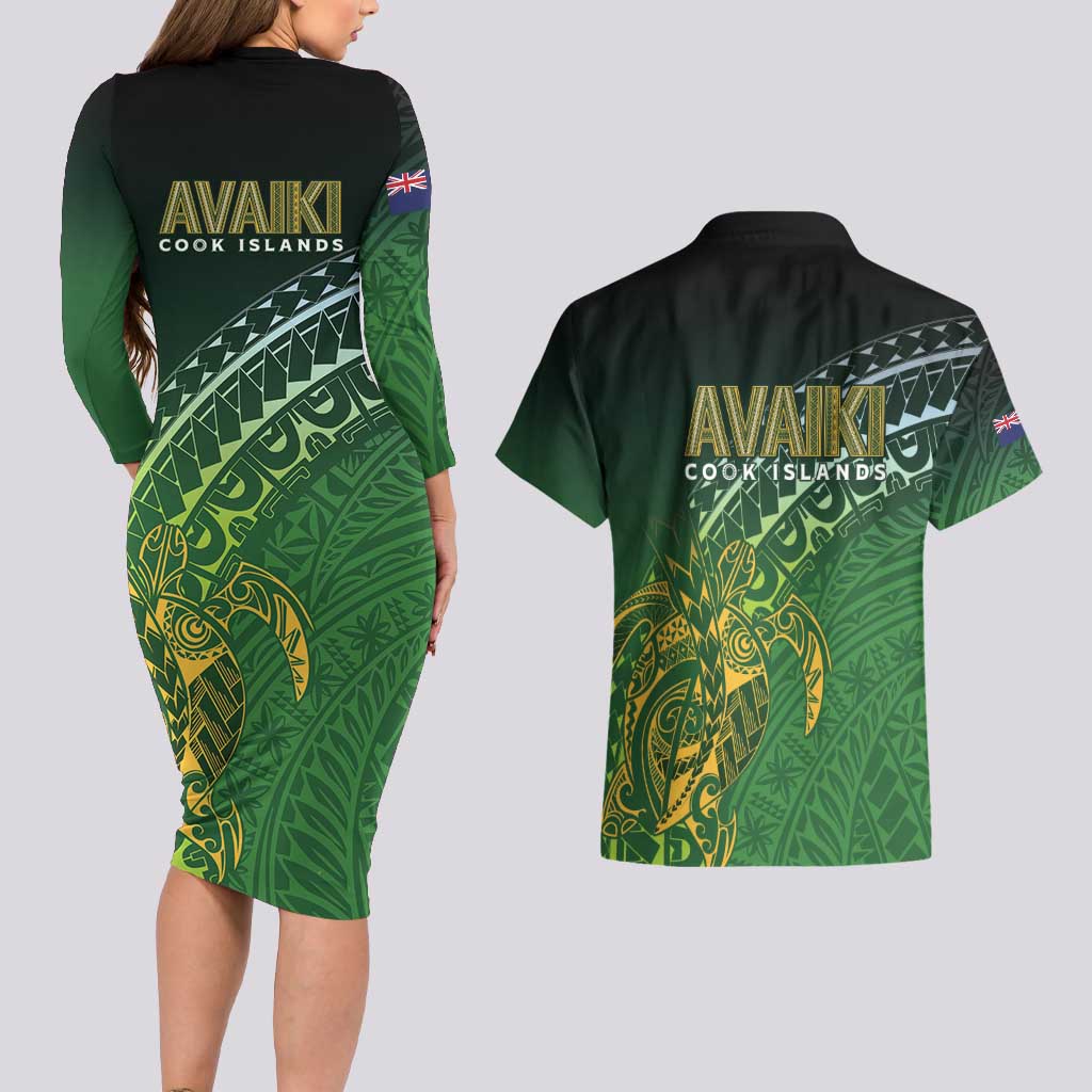 Cook Islands Rugby Kuki Avaiki Couples Matching Long Sleeve Bodycon Dress and Hawaiian Shirt Tribal Turtle - Polynesian Pride