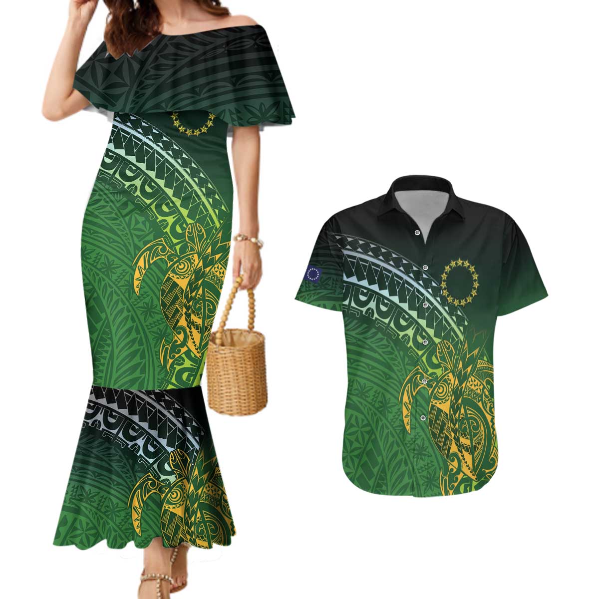 Cook Islands Rugby Kuki Avaiki Couples Matching Mermaid Dress and Hawaiian Shirt Tribal Turtle - Polynesian Pride