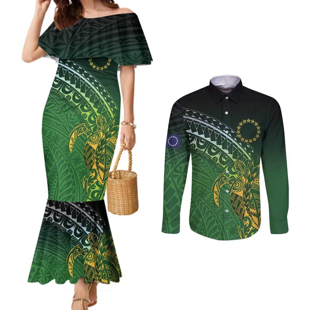 Cook Islands Rugby Kuki Avaiki Couples Matching Mermaid Dress and Long Sleeve Button Shirt Tribal Turtle - Polynesian Pride