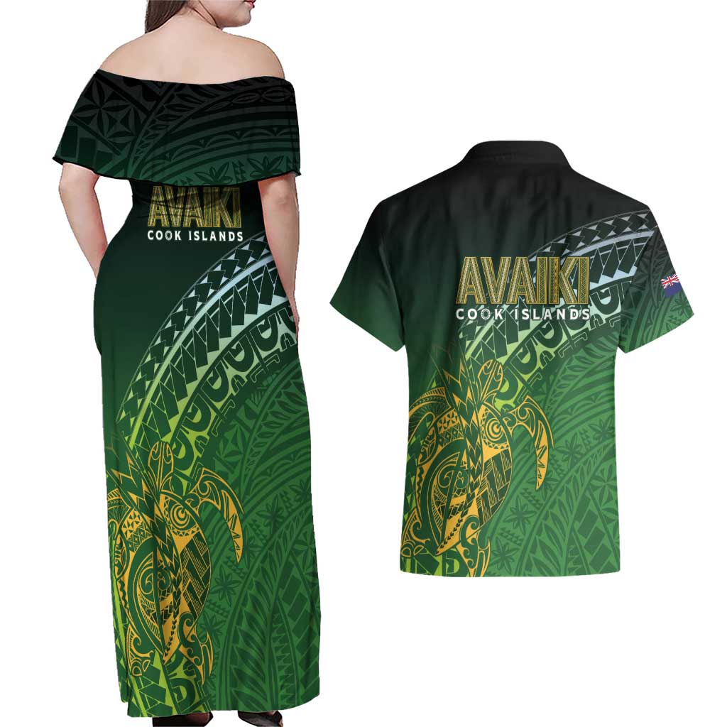 Cook Islands Rugby Kuki Avaiki Couples Matching Off Shoulder Maxi Dress and Hawaiian Shirt Tribal Turtle - Polynesian Pride