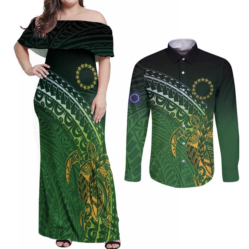 Cook Islands Rugby Kuki Avaiki Couples Matching Off Shoulder Maxi Dress and Long Sleeve Button Shirt Tribal Turtle - Polynesian Pride