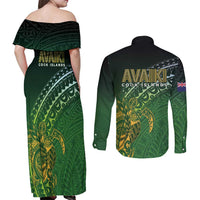 Cook Islands Rugby Kuki Avaiki Couples Matching Off Shoulder Maxi Dress and Long Sleeve Button Shirt Tribal Turtle - Polynesian Pride