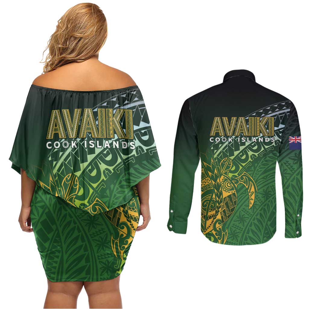 Cook Islands Rugby Kuki Avaiki Couples Matching Off Shoulder Short Dress and Long Sleeve Button Shirt Tribal Turtle - Polynesian Pride