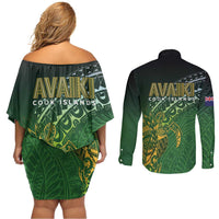 Cook Islands Rugby Kuki Avaiki Couples Matching Off Shoulder Short Dress and Long Sleeve Button Shirt Tribal Turtle - Polynesian Pride
