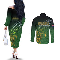 Cook Islands Rugby Kuki Avaiki Couples Matching Off The Shoulder Long Sleeve Dress and Long Sleeve Button Shirt Tribal Turtle - Polynesian Pride