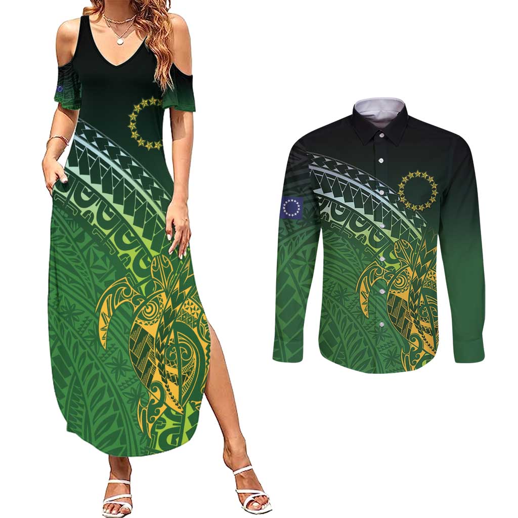 Cook Islands Rugby Kuki Avaiki Couples Matching Summer Maxi Dress and Long Sleeve Button Shirt Tribal Turtle - Polynesian Pride