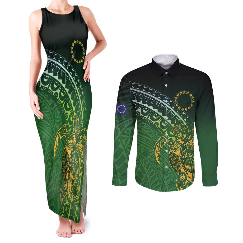 Cook Islands Rugby Kuki Avaiki Couples Matching Tank Maxi Dress and Long Sleeve Button Shirt Tribal Turtle - Polynesian Pride