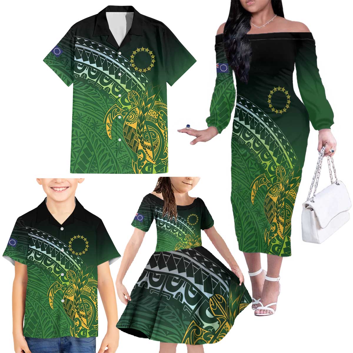 Cook Islands Rugby Kuki Avaiki Family Matching Off The Shoulder Long Sleeve Dress and Hawaiian Shirt Tribal Turtle - Polynesian Pride