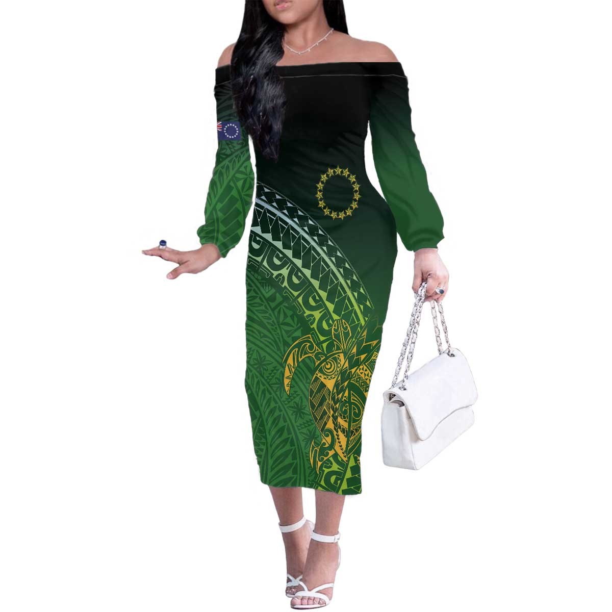 Cook Islands Rugby Kuki Avaiki Family Matching Off The Shoulder Long Sleeve Dress and Hawaiian Shirt Tribal Turtle - Polynesian Pride