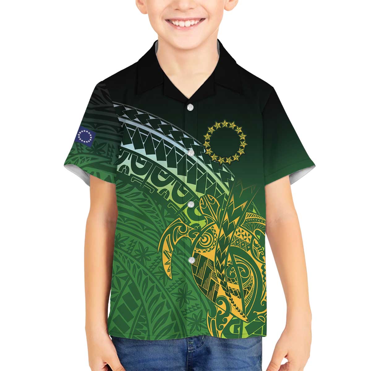 Cook Islands Rugby Kuki Avaiki Family Matching Off The Shoulder Long Sleeve Dress and Hawaiian Shirt Tribal Turtle - Polynesian Pride