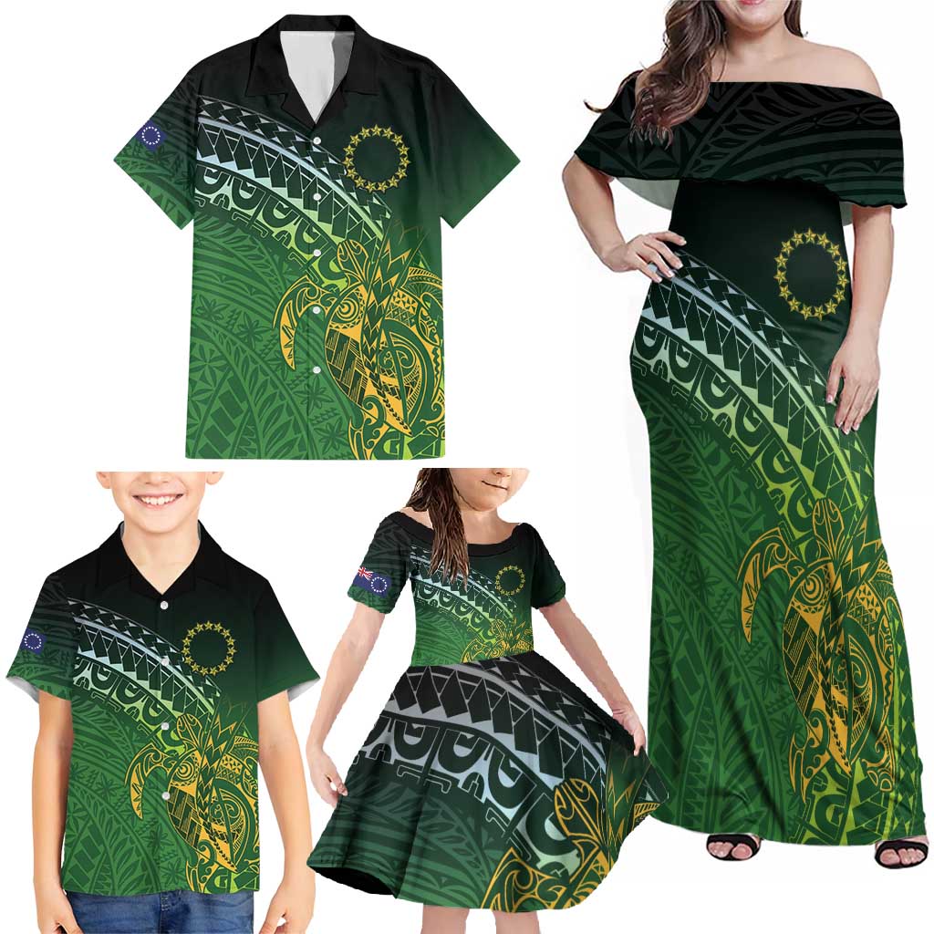 Cook Islands Rugby Kuki Avaiki Family Matching Off Shoulder Maxi Dress and Hawaiian Shirt Tribal Turtle - Polynesian Pride