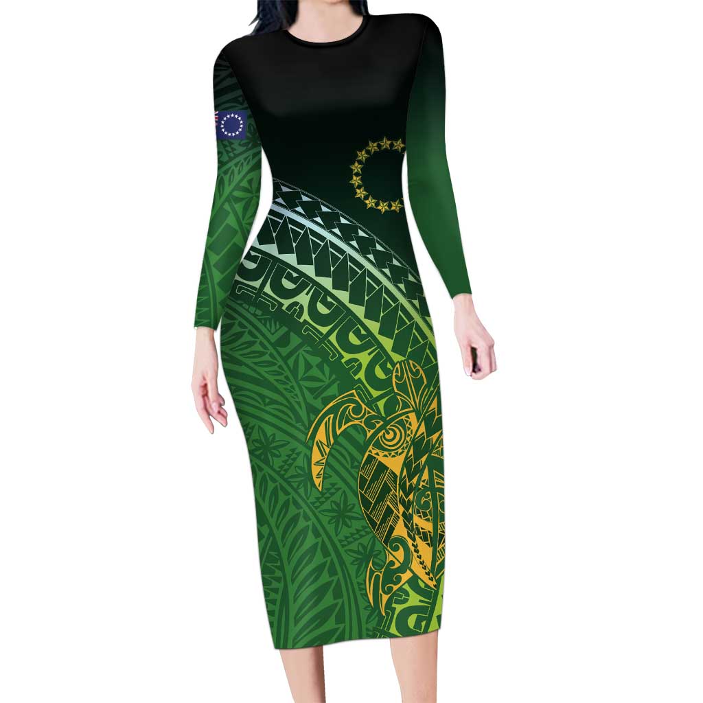 Cook Islands Rugby Kuki Avaiki Long Sleeve Bodycon Dress Tribal Turtle - Polynesian Pride