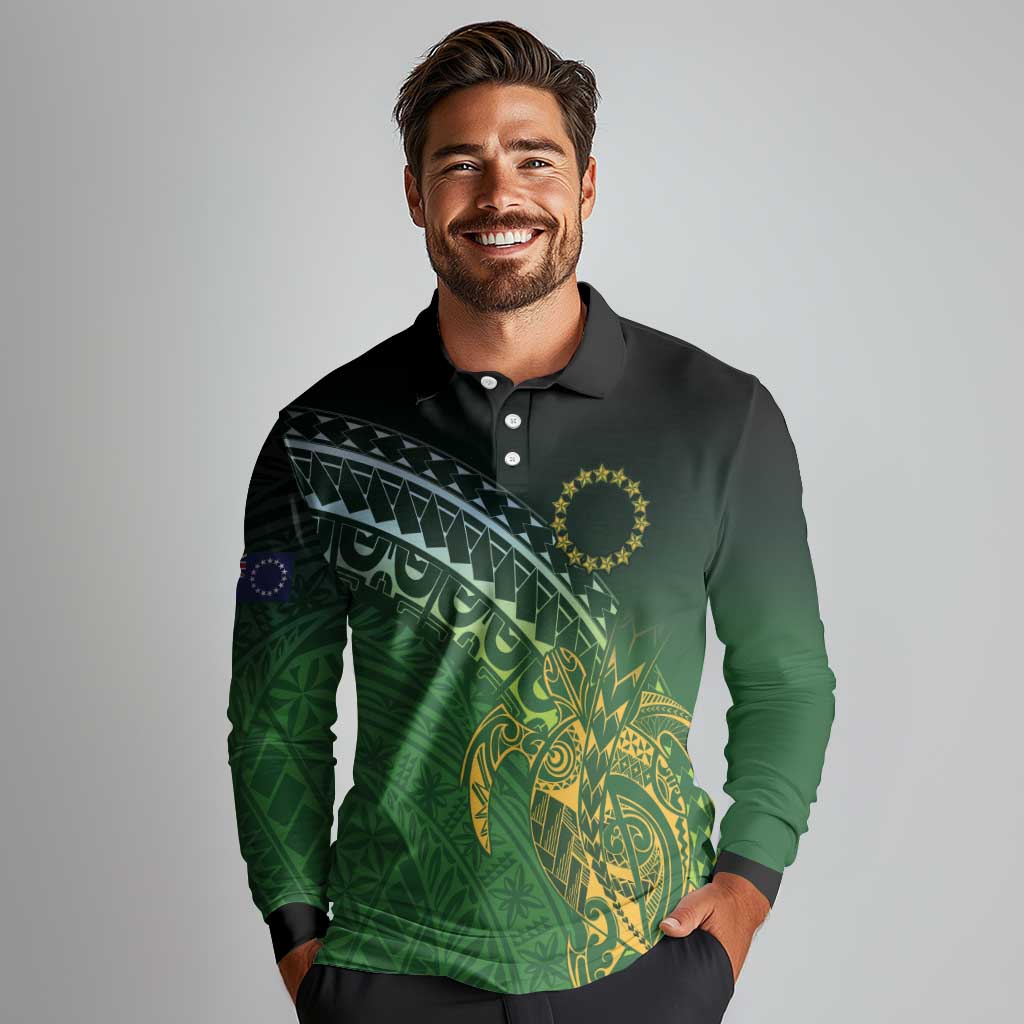 Cook Islands Rugby Kuki Avaiki Long Sleeve Polo Shirt Tribal Turtle - Polynesian Pride