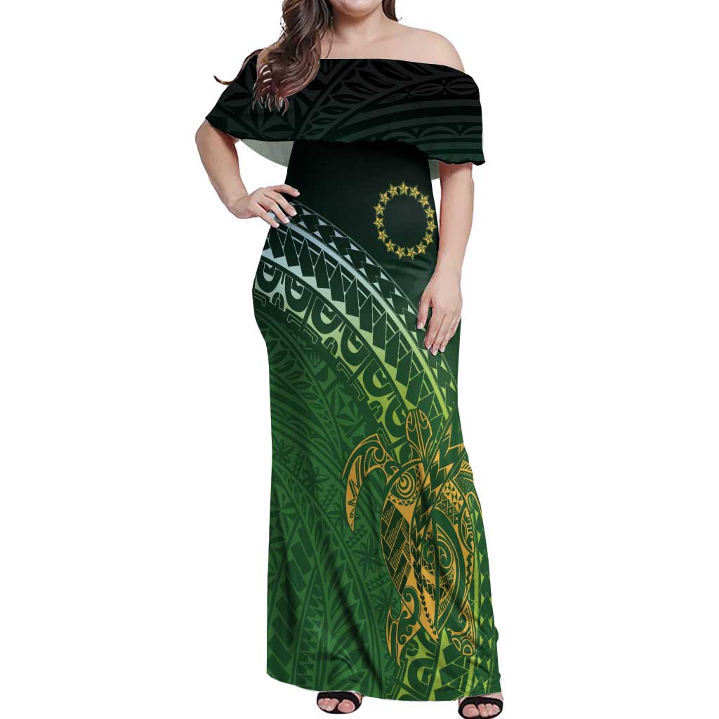 Cook Islands Rugby Kuki Avaiki Off Shoulder Maxi Dress Tribal Turtle - Polynesian Pride