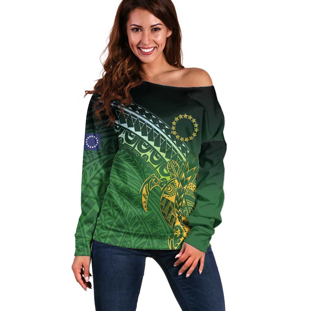 Cook Islands Rugby Kuki Avaiki Off Shoulder Sweater Tribal Turtle - Polynesian Pride