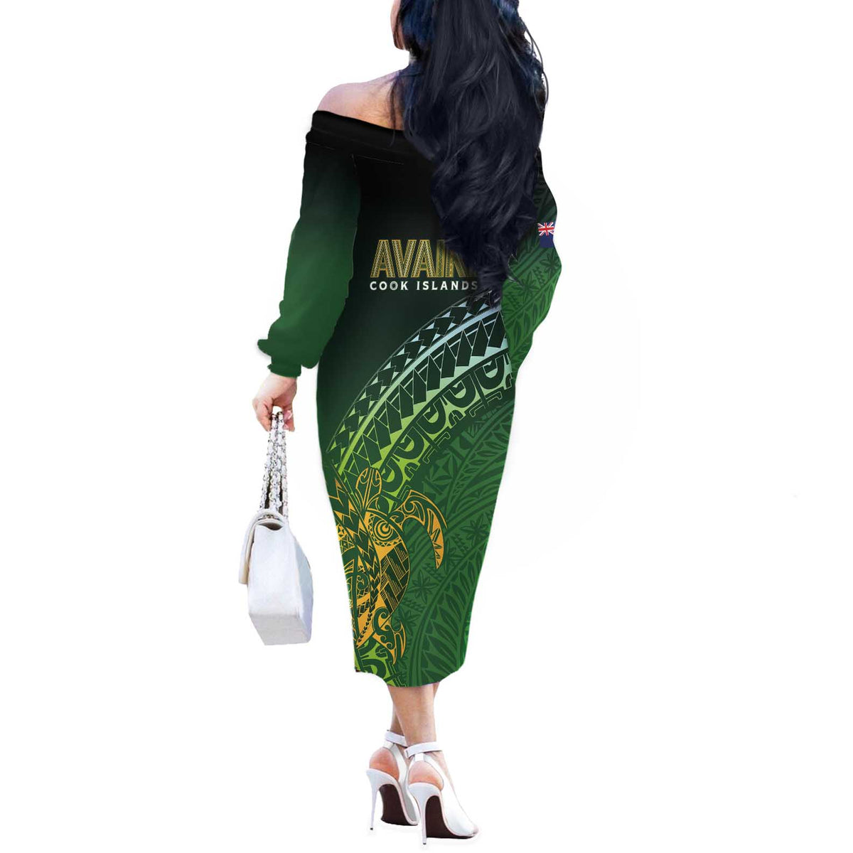 Cook Islands Rugby Kuki Avaiki Off The Shoulder Long Sleeve Dress Tribal Turtle - Polynesian Pride