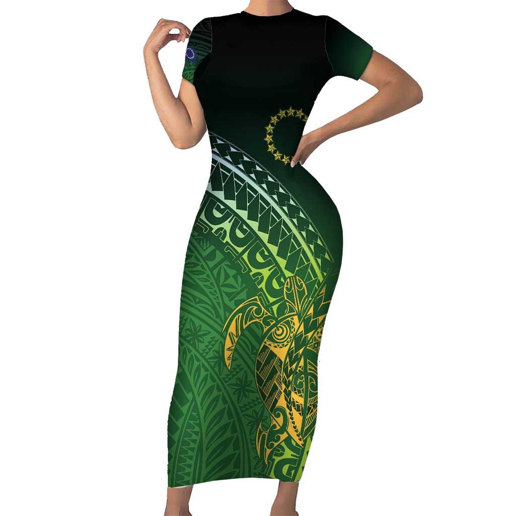 Cook Islands Rugby Kuki Avaiki Short Sleeve Bodycon Dress Tribal Turtle - Polynesian Pride