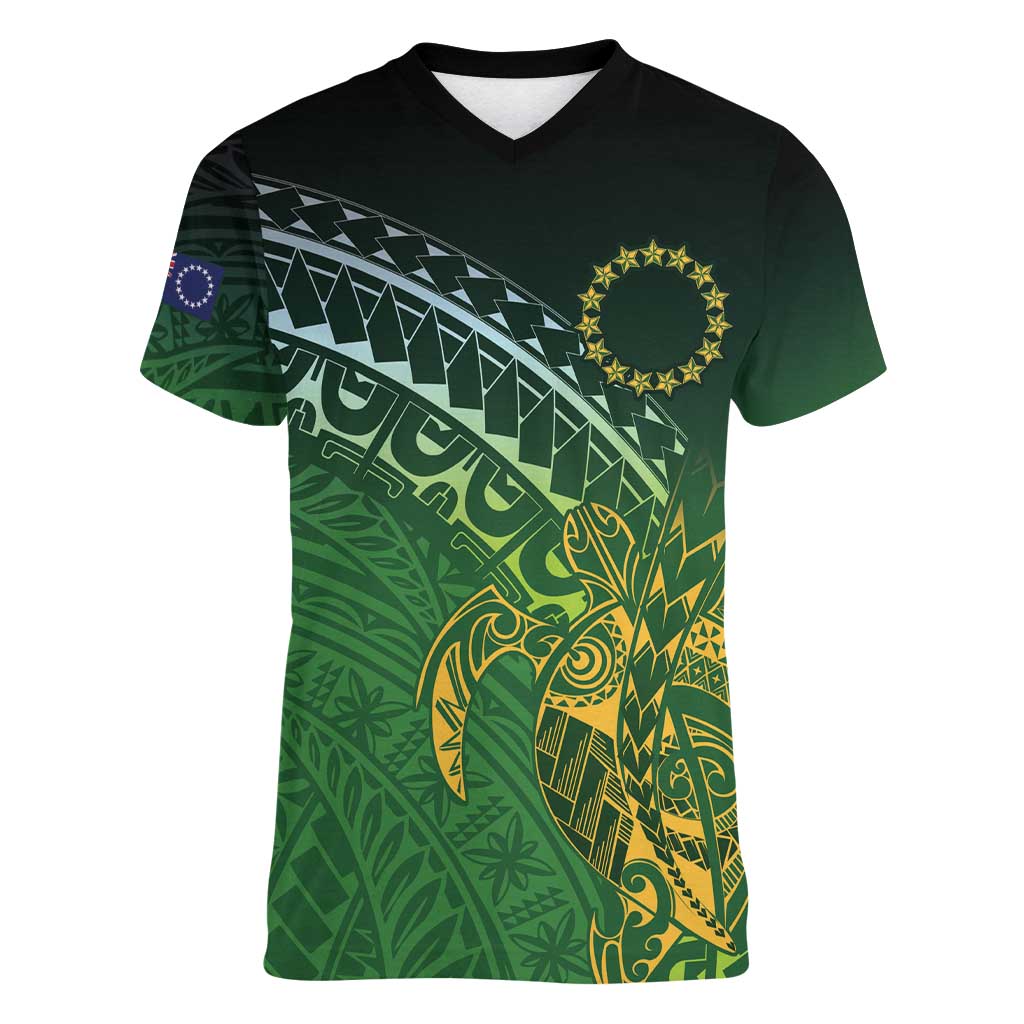 Cook Islands Rugby Kuki Avaiki Women V-Neck T-Shirt Tribal Turtle - Polynesian Pride
