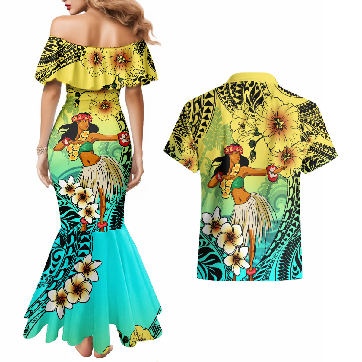 Honolulu Hawaii Couples Matching Mermaid Dress and Hawaiian Shirt Ilima Plumeria with Hula Girl LT7 - Polynesian Pride