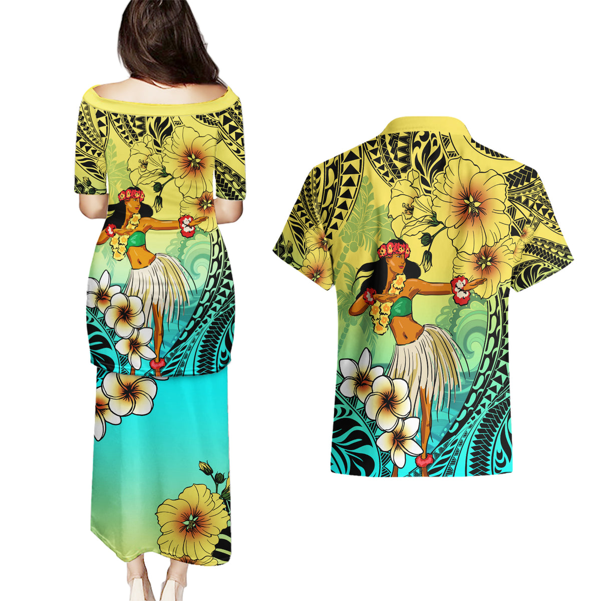Honolulu Hawaii Couples Matching Puletasi and Hawaiian Shirt Ilima Plumeria with Hula Girl LT7 - Polynesian Pride