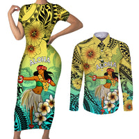 Honolulu Hawaii Couples Matching Short Sleeve Bodycon Dress and Long Sleeve Button Shirt Ilima Plumeria with Hula Girl LT7 Colorful - Polynesian Pride