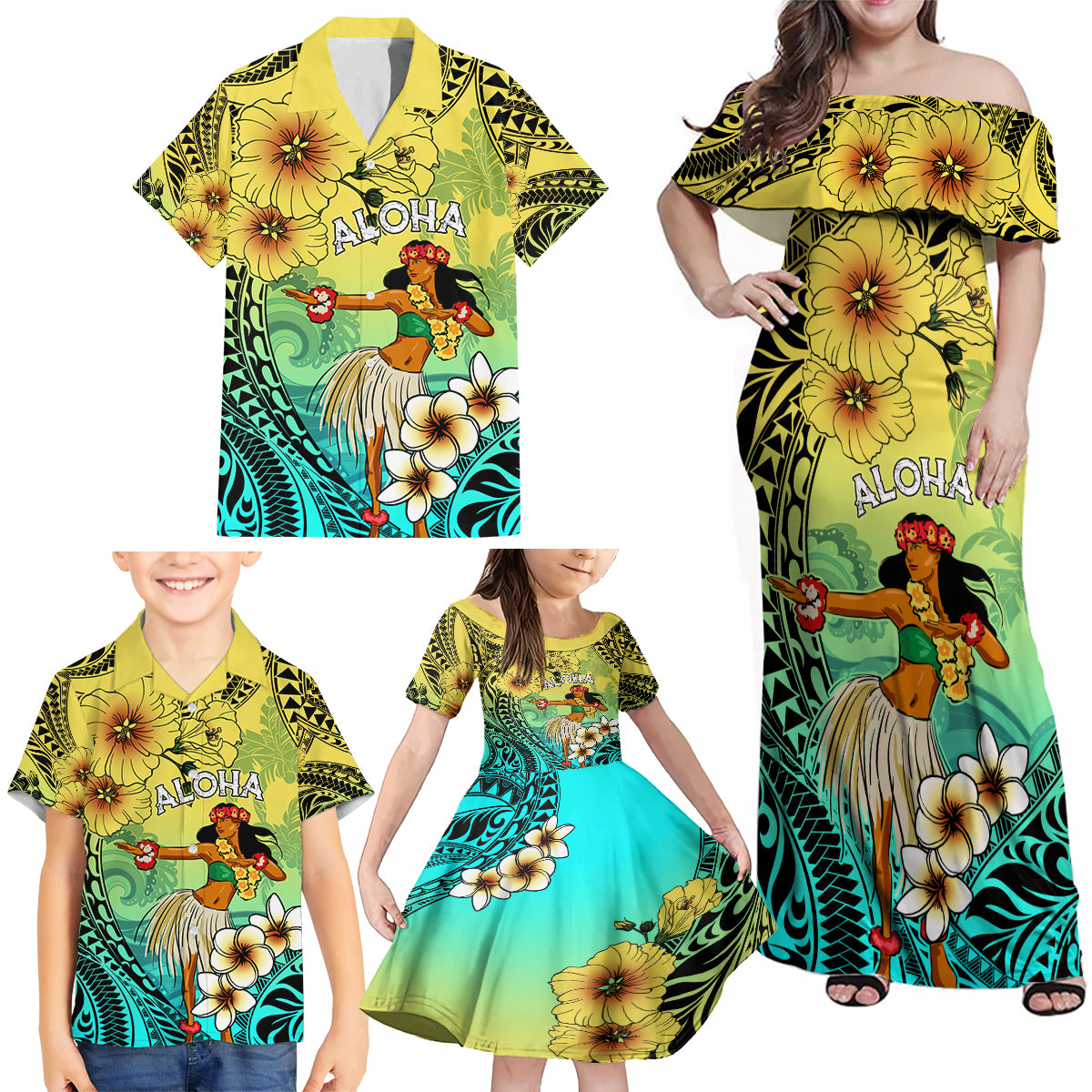 Honolulu Hawaii Family Matching Off Shoulder Maxi Dress and Hawaiian Shirt Ilima Plumeria with Hula Girl LT7 - Polynesian Pride