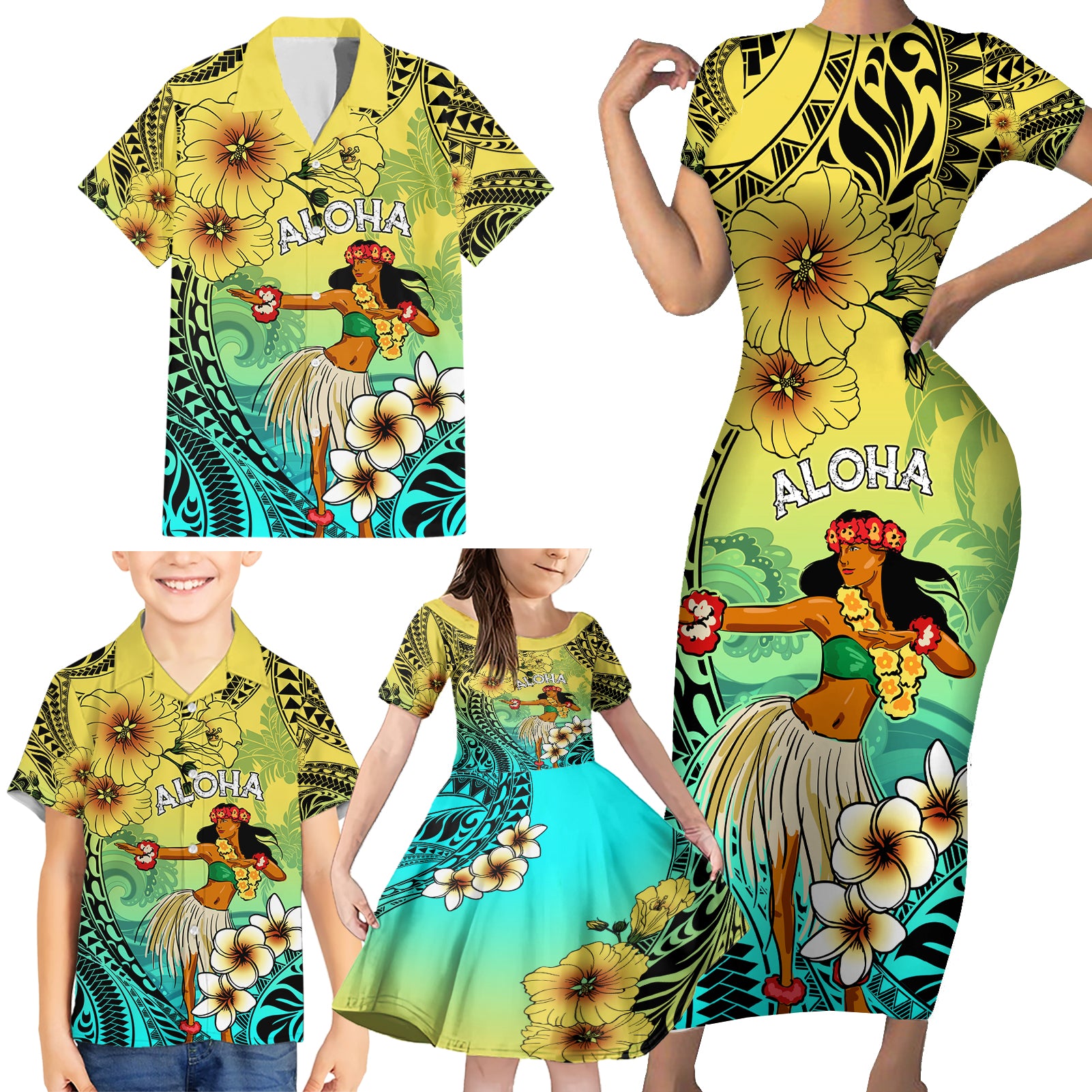 Honolulu Hawaii Family Matching Short Sleeve Bodycon Dress and Hawaiian Shirt Ilima Plumeria with Hula Girl LT7 - Polynesian Pride