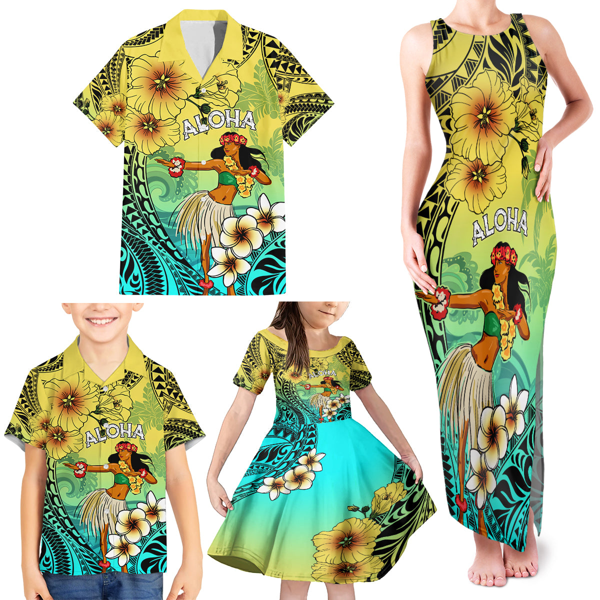 Honolulu Hawaii Family Matching Tank Maxi Dress and Hawaiian Shirt Ilima Plumeria with Hula Girl LT7 - Polynesian Pride