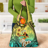 Honolulu Hawaii Grocery Bag Ilima Plumeria with Hula Girl