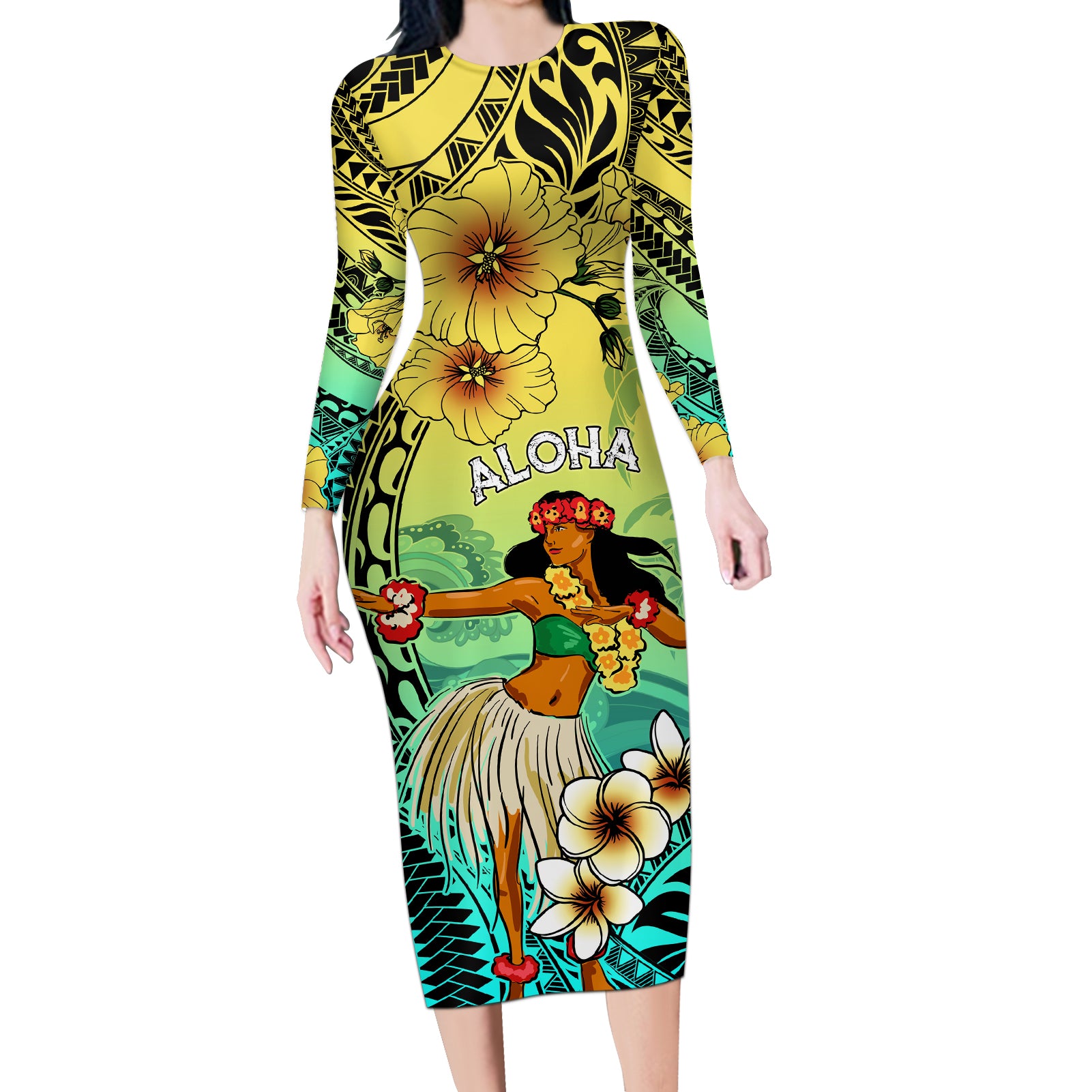 Honolulu Hawaii Long Sleeve Bodycon Dress Ilima Plumeria with Hula Girl LT7 Long Dress Colorful - Polynesian Pride