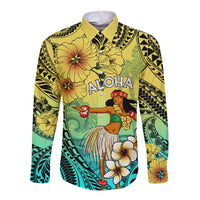 Honolulu Hawaii Long Sleeve Button Shirt Ilima Plumeria with Hula Girl LT7 Unisex Colorful - Polynesian Pride