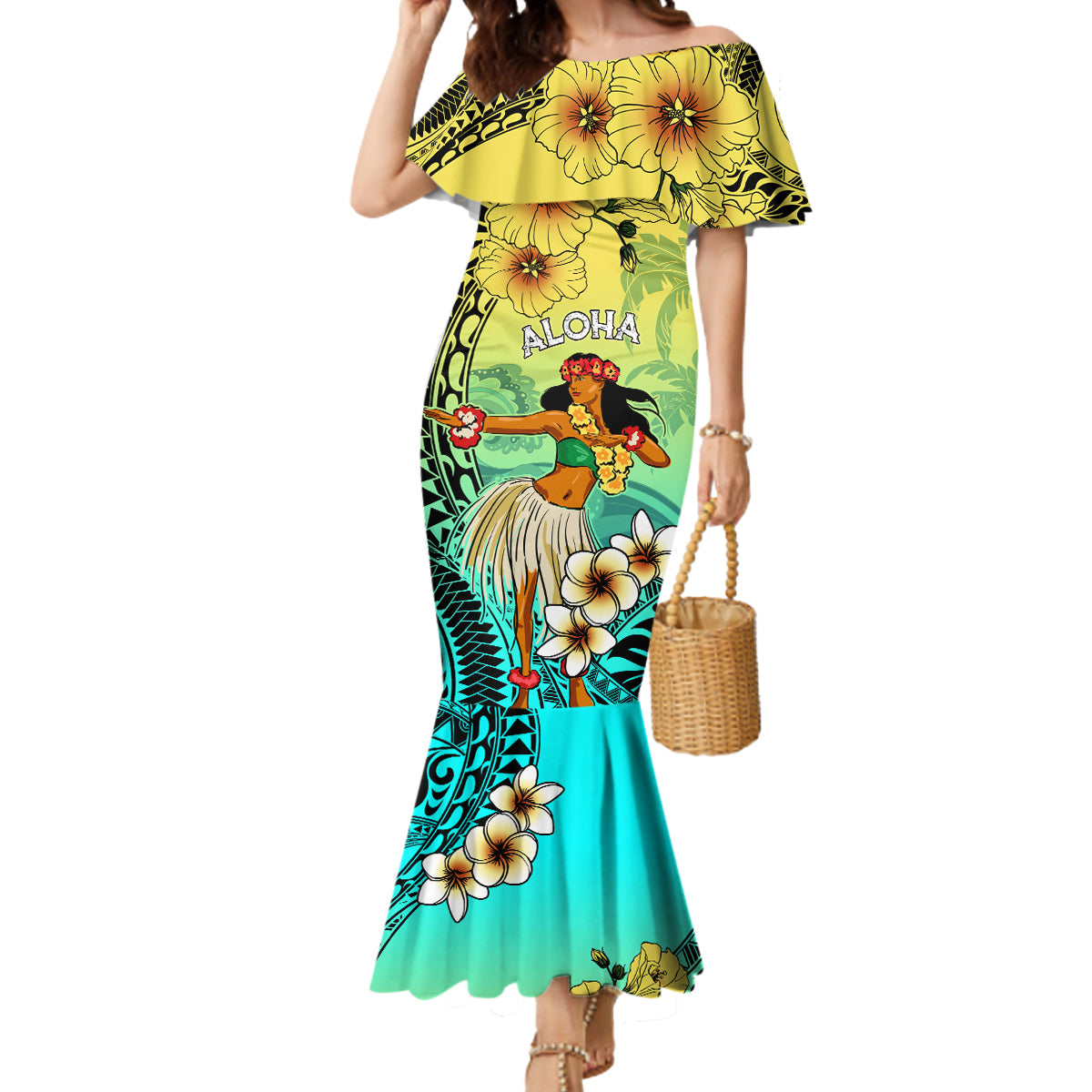 Honolulu Hawaii Mermaid Dress Ilima Plumeria with Hula Girl LT7 Women Colorful - Polynesian Pride