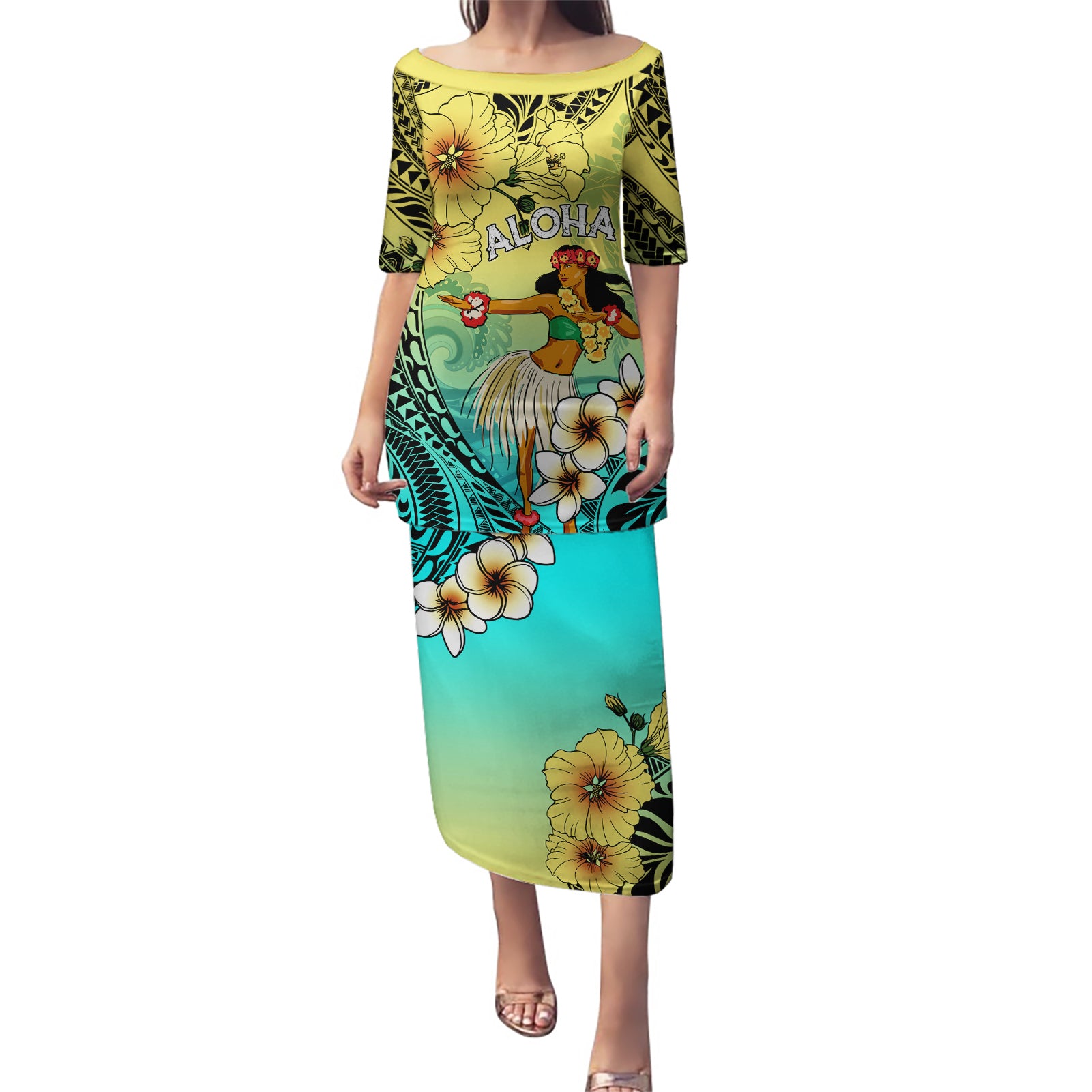 Honolulu Hawaii Puletasi Ilima Plumeria with Hula Girl LT7 Long Dress Colorful - Polynesian Pride