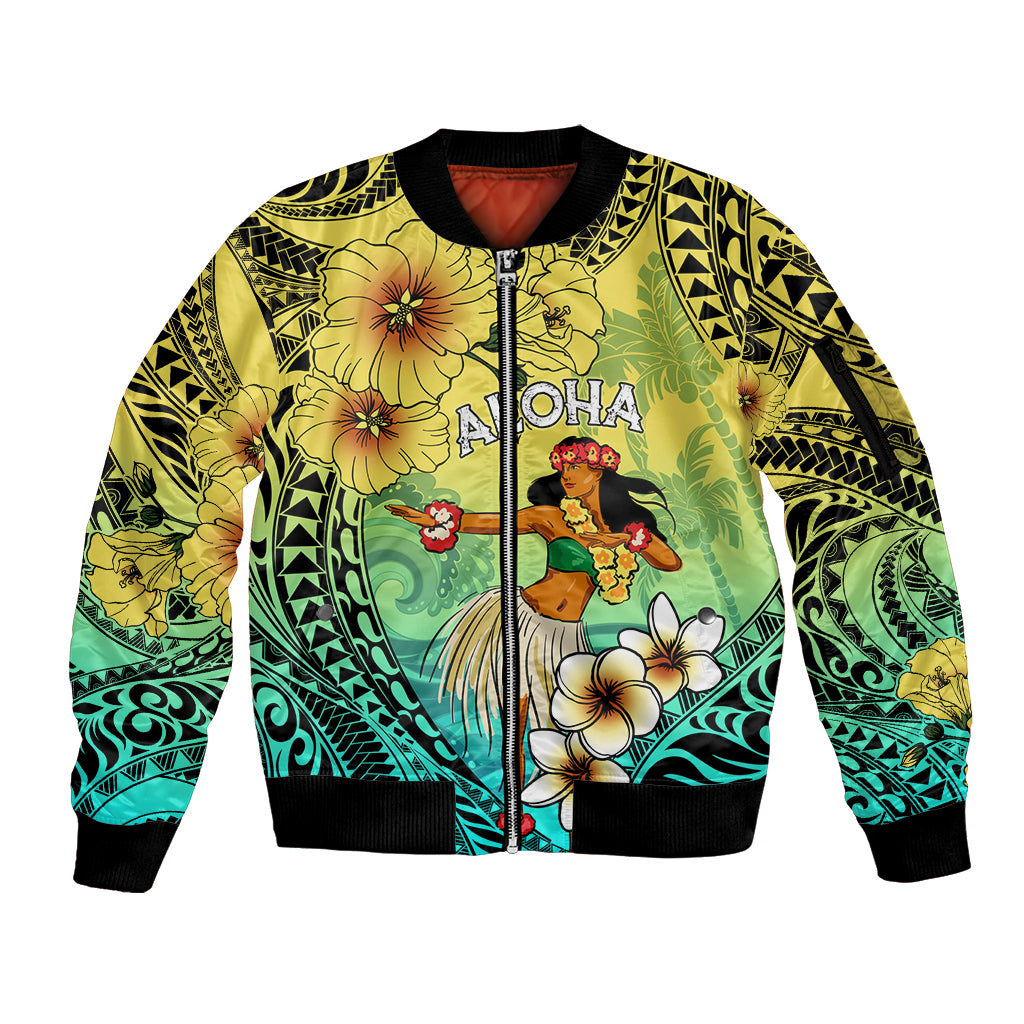 Honolulu Hawaii Sleeve Zip Bomber Jacket Ilima Plumeria with Hula Girl LT7 Unisex Colorful - Polynesian Pride