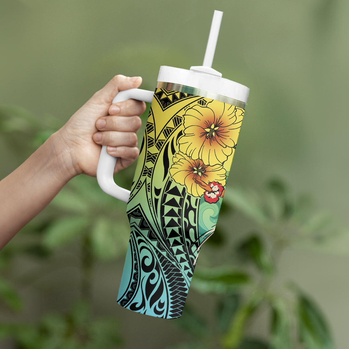 Honolulu Hawaii Tumbler With Handle Ilima Plumeria with Hula Girl