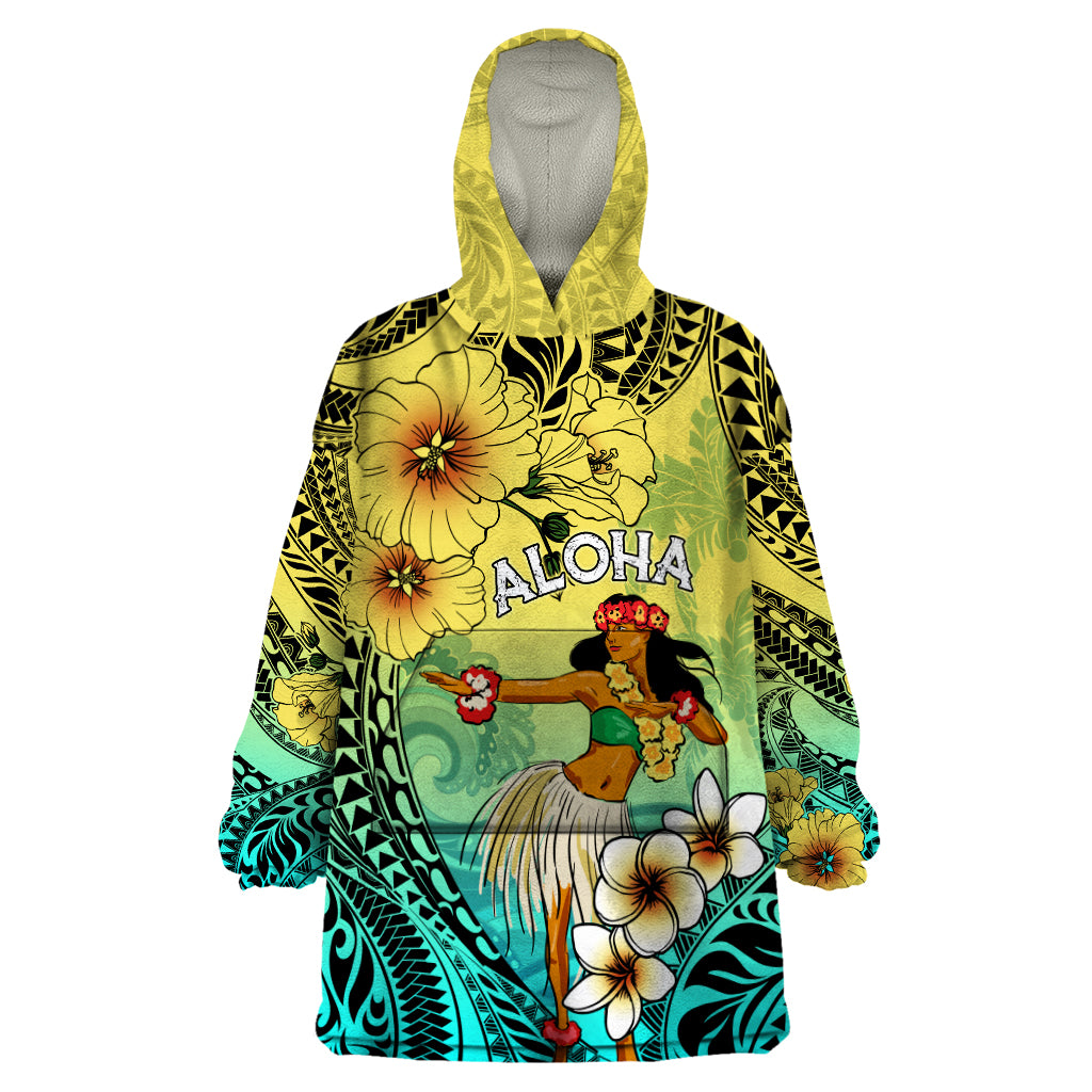 Honolulu Hawaii Wearable Blanket Hoodie Ilima Plumeria with Hula Girl LT7 One Size Colorful - Polynesian Pride