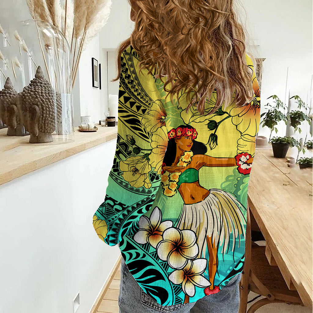 Honolulu Hawaii Women Casual Shirt Ilima Plumeria with Hula Girl LT7 - Polynesian Pride