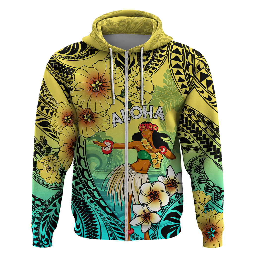 Honolulu Hawaii Zip Hoodie Ilima Plumeria with Hula Girl LT7 Zip Hoodie Colorful - Polynesian Pride