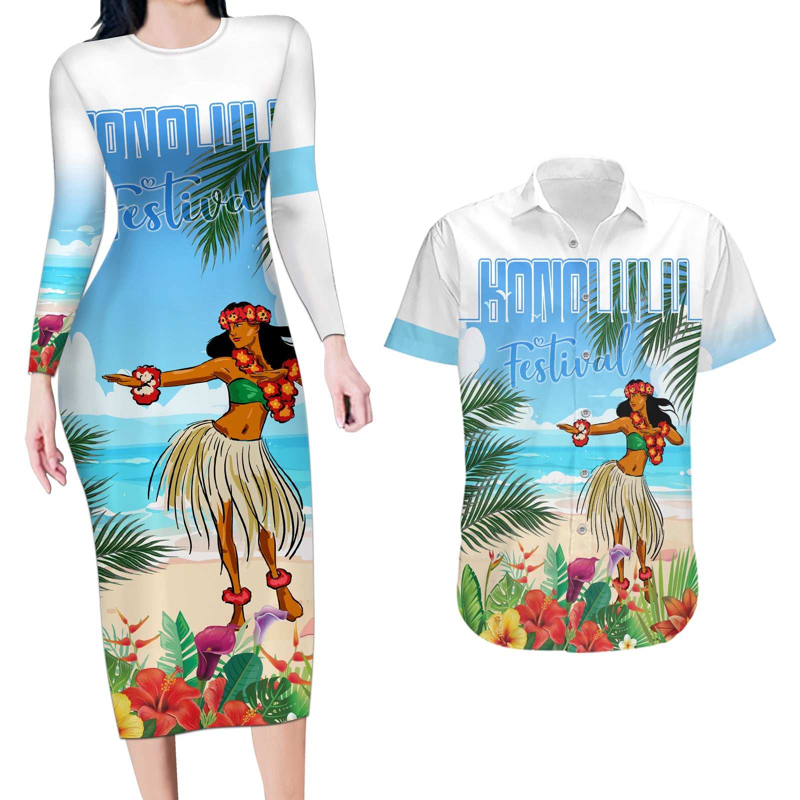 Personalised Hawaii Hula Girl Couples Matching Long Sleeve Bodycon Dress and Hawaiian Shirt Honolulu Festival LT7 Art - Polynesian Pride