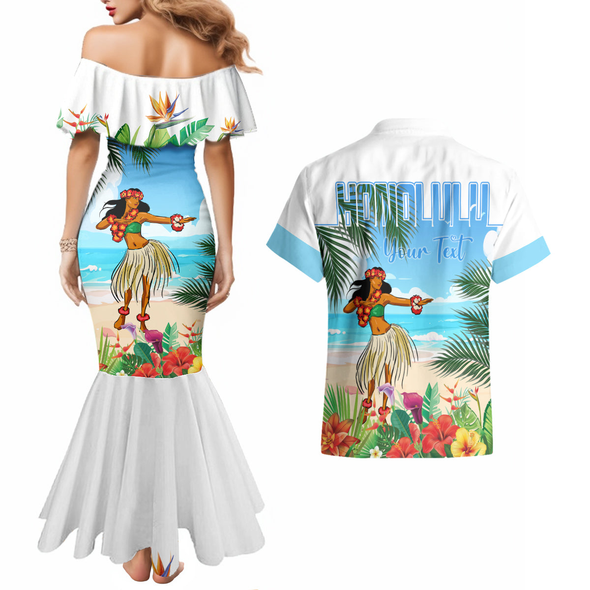 Personalised Hawaii Hula Girl Couples Matching Mermaid Dress and Hawaiian Shirt Honolulu Festival LT7 - Polynesian Pride