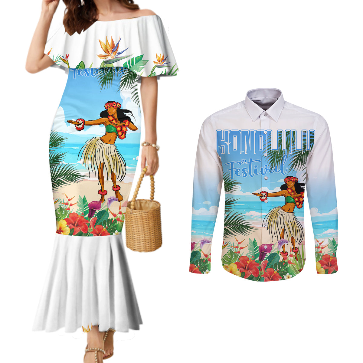 Personalised Hawaii Hula Girl Couples Matching Mermaid Dress and Long Sleeve Button Shirt Honolulu Festival LT7 Art - Polynesian Pride
